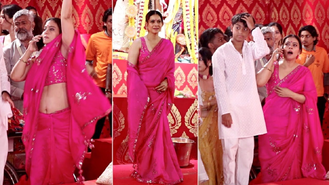 Kajol appears Stunning in a Pink Saree, with his Son Yug Present.