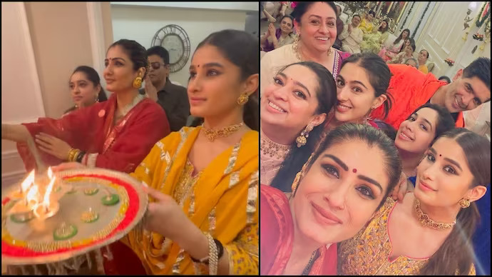 Raveena Tandon and daughter Rasha perform Maha Ashtami aarti, with Sara Ali Khan joining them.